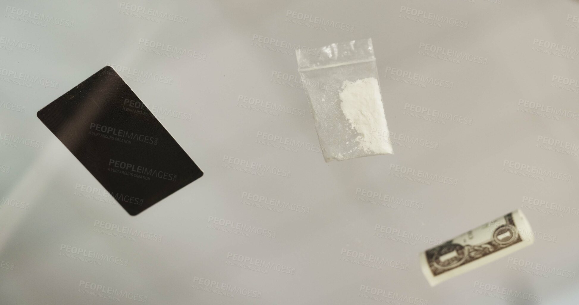 Buy stock photo Low angle, glass table and credit card with cocaine, cash and illegal substance with addiction. Overdose, below and evening with closeup, habit or home with crime, rehabilitation and empty with money