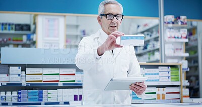 Buy stock photo Mature, pharmacist and man with drugs on tablet for inventory check, online order and pills dispensary. Medical, professional and medication box in pharmacy store for pharmaceutical stock checklist