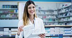 Pharmacist portrait, woman and pills with tablet for inventory check, online order or drugs dispensary. Medical, professional or medication treatment in pharmacy store for pharmaceutical cure package