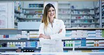 Arms crossed, healthcare and portrait of pharmacist woman to dispense medicine for cure or treatment. Consultant, friendly and medical with happy person in pharmacy for sale of pharmaceuticals
