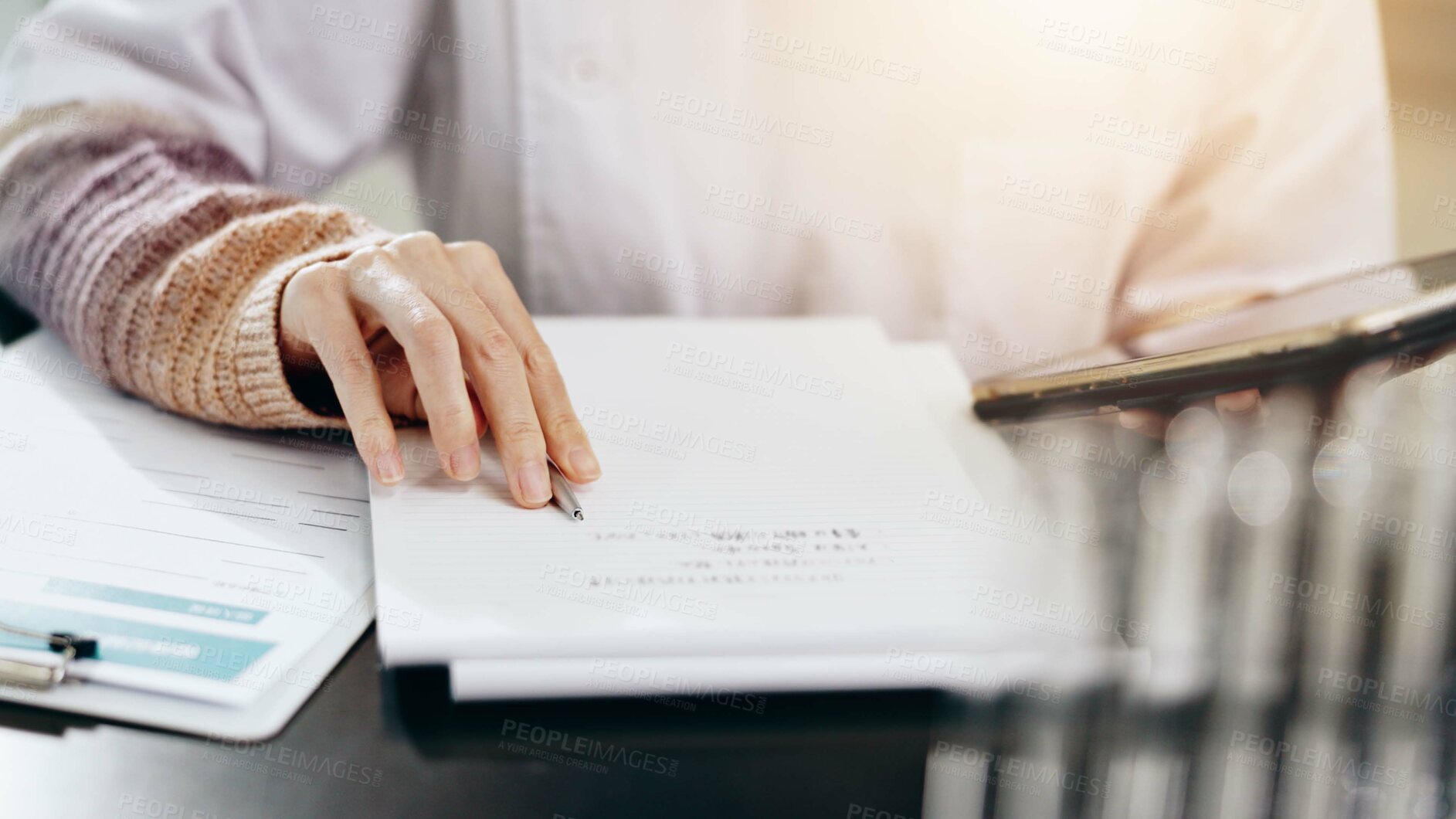 Buy stock photo Person, hands or checklist with tablet for research, study or medical discovery at laboratory. Japan, closeup or scientist checking notes with technology or lab results for exam, test or clinic trial