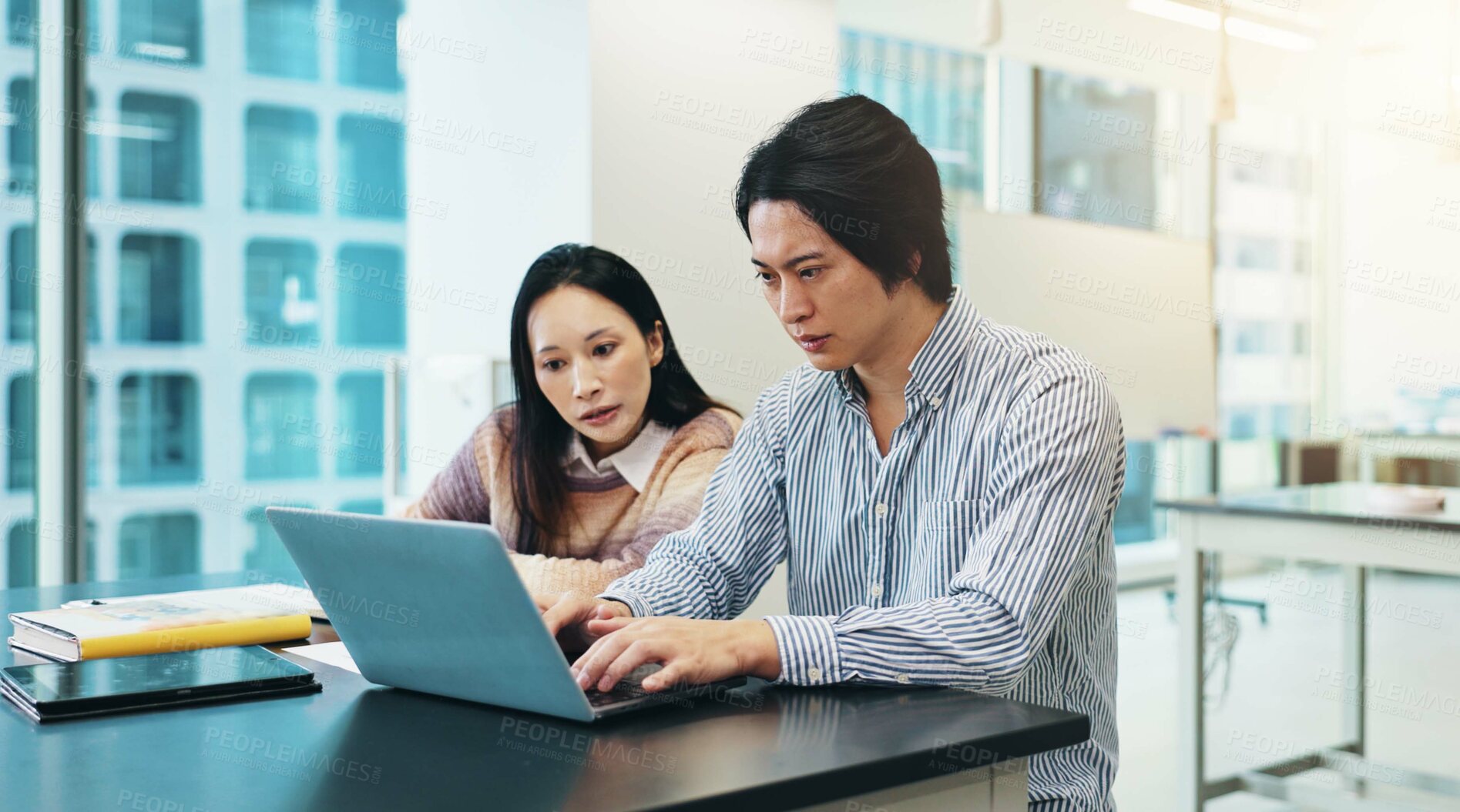 Buy stock photo Japanese, business people and laptop with teamwork, collaboration or coworking in office or meeting. Woman, man and technology for brainstorming, discussion or review as project manager or colleagues