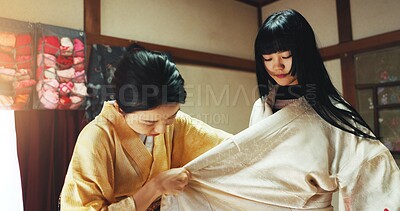 Buy stock photo Fashion designer, tailor and Asian woman with fabric for kimono, traditional clothes and indigenous style. Small business, boutique and person with textile or material for seamstress service in Japan