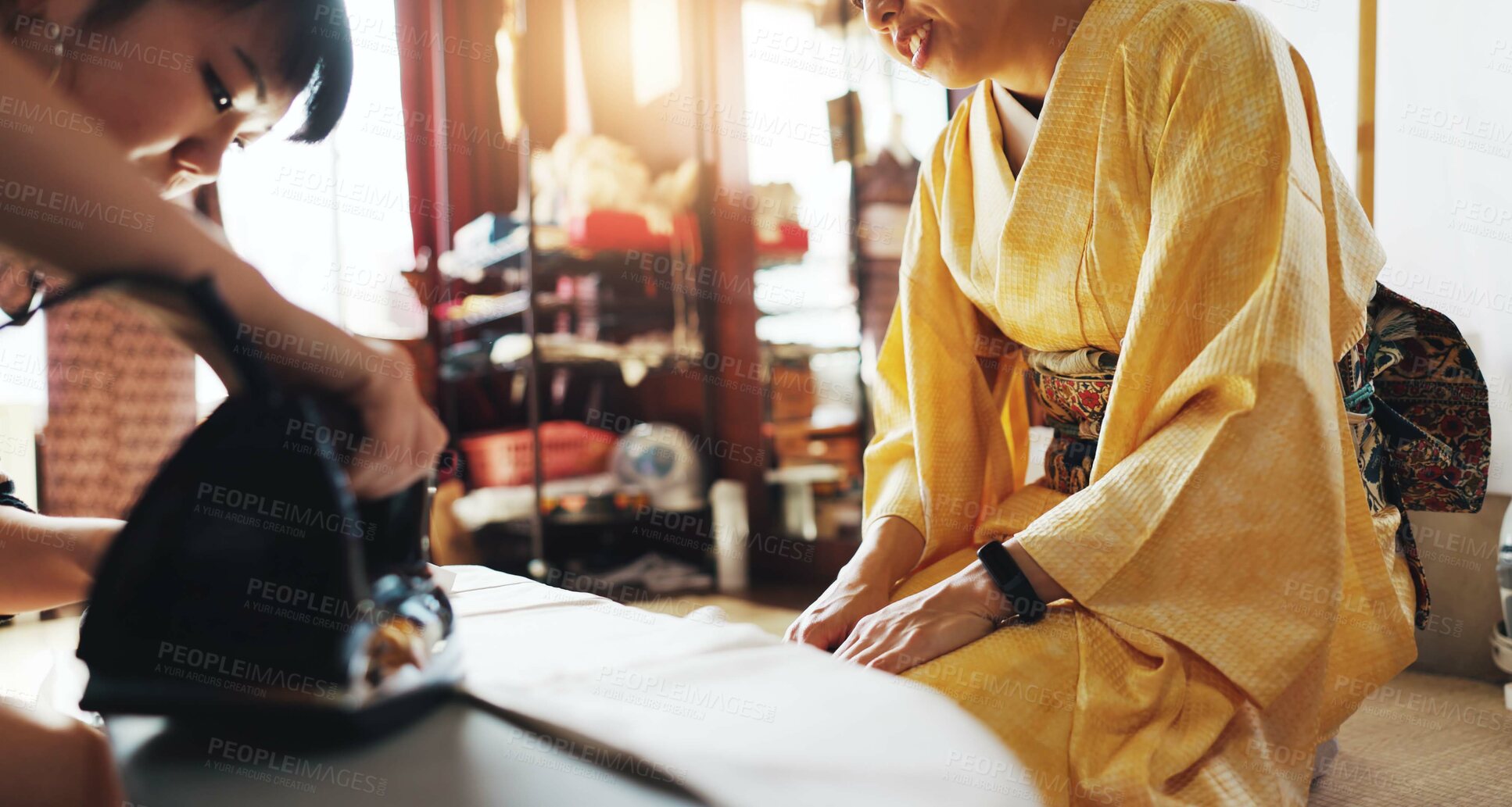 Buy stock photo Fashion designer, seamstress and Asian women in workshop with iron for heat, steam or clothing press. Small business, boutique and people with material, fabric or textiles for tailor service in Japan