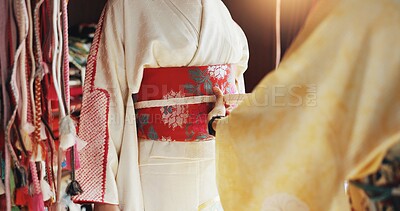 Buy stock photo Hands, woman and size to tailor waist for fashion, dress maker and kimono fitting in boutique. People, designer and style clothing for culture tradition in Japan, fabric check and closeup of helping 