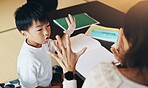 Mother, child and hands for counting at house with maths lesson, education support and learning numbers. Woman, boy and notebook with fingers addition, studying and teaching advice of answer in Japan