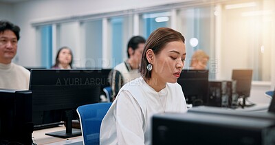 Buy stock photo Japanese people, business and computer with office, connection or communication in website support. Woman, coworking and tech for troubleshooting, online database or email as cybersecurity consultant