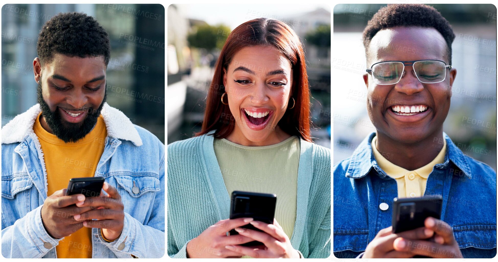 Buy stock photo Phone, collage and people in city typing for communication, networking or contact with mobile app. Tech, smile and friends with happiness on social media with cellphone outdoor in town for texting.