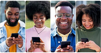 Buy stock photo Collage, phone and communication with people in city for social media, networking post and smile. Technology, connection and montage with group and mobile app notification for text message or contact