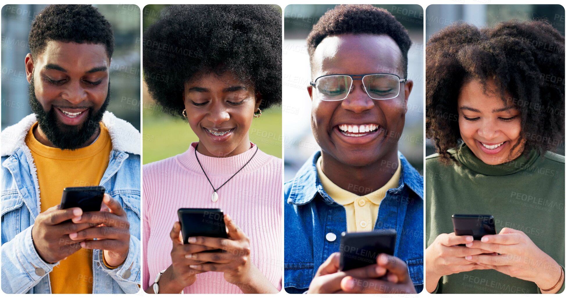 Buy stock photo Collage, phone and communication with people in city for social media, networking post and smile. Technology, connection and montage with group and mobile app notification for text message or contact