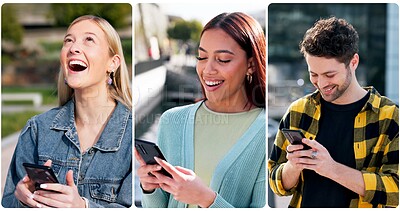 Buy stock photo Phone, laugh and people in city typing for communication, networking or contact with mobile app. Tech, collage and friends with smile on social media with cellphone outdoor in town for texting online