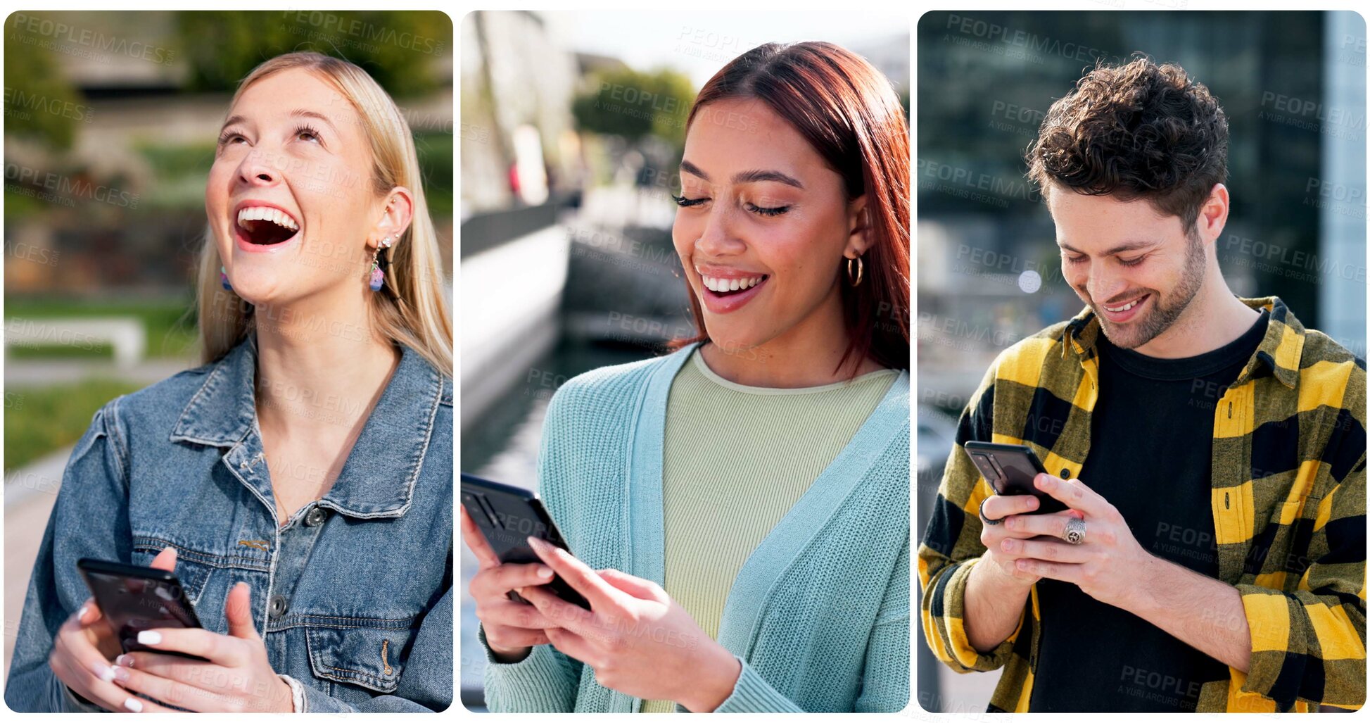 Buy stock photo Phone, laugh and people in city typing for communication, networking or contact with mobile app. Tech, collage and friends with smile on social media with cellphone outdoor in town for texting online