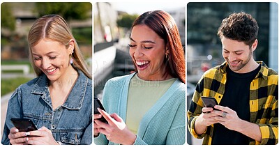 Buy stock photo Cellphone, happy and people in city typing for communication, networking or collage with mobile app. Montage, laugh and friends with smile on social media with phone outdoor in town for text online.
