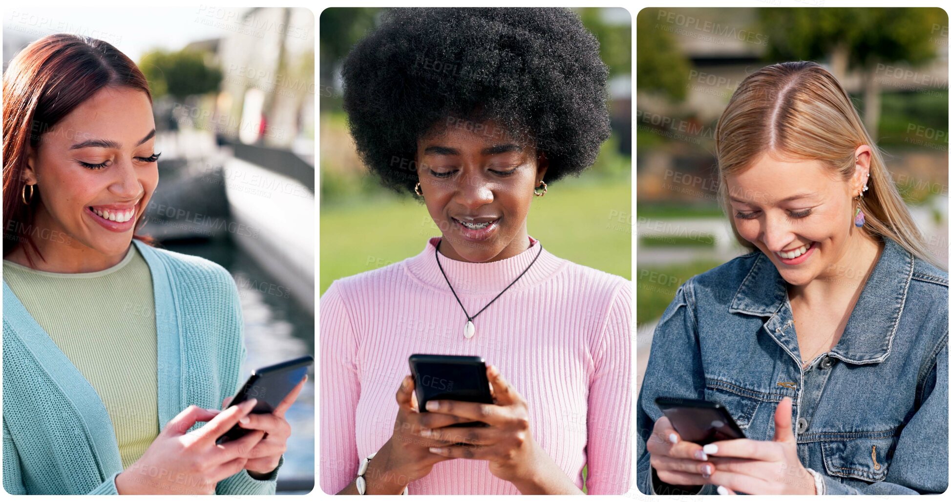 Buy stock photo Phone, happy and collage of women in city typing for communication, networking or contact with mobile app. Tech, montage and female people on social media with cellphone outdoor in town for texting