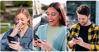 Buy stock photo Collage, phone and networking with people in city for communication, social media post and diversity. Technology, connection and digital world with group and mobile app for text message and contact