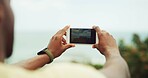 Photograph, hands and man with cellphone, view and adventure  with screen, picture or social media. Travel influencer, person or guy with smartphone, digital app or explore with journey or landscape