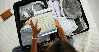 Buy stock photo Person, hands or tablet screen with suitcase for hotel accommodation, holiday or browsing website above at home. Top view, tourist and technology with display or luggage for online page or about us