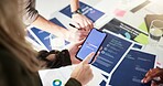 Phone screen, business people and hands with ui team for discussion, software development or app test. Mobile, group and ux designer planning closeup at startup office for creative brainstorming