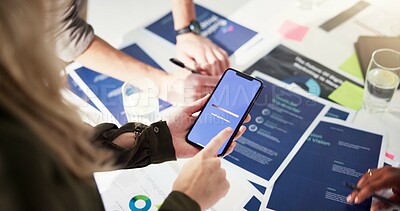 Buy stock photo Phone screen, business people and hands with ui team for software development or emotional intelligence app. Mobile, group or ux designer planning closeup at startup office with creative mood tracker