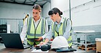 Women, engineer team and technology in meeting for planning, discussion or communication at factory. Female employees, collaboration and brainstorming for robotics with laptop, writing and safety ppe