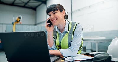 Buy stock photo Woman, laptop and phone call in robotics factory for manufacturing schedule, good news and project management. Happy engineer, operator and tech in industrial plant for automation update with contact