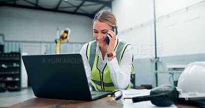 Buy stock photo Robotics, phone call and woman with smile, laptop and conversation with network, chatting and connection. Person, employee or engineering with cellphone, internet and pc with online schedule or email