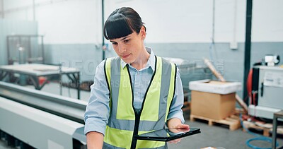 Buy stock photo Robotics, tablet and woman in factory, inspection and engineering with manufacturing checklist. Person, employee and female technician in workplace, digital app and connection with production process