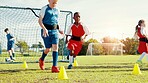 Kids, running and drills for soccer practice for strength training, fitness exercise and sports workout. Children, equipment and resistance for endurance, speed challenge and team for cardio routine