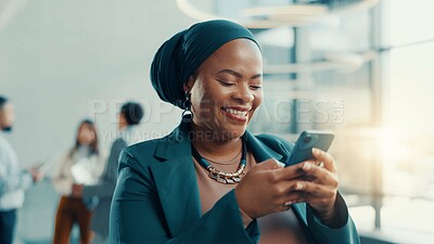 Buy stock photo Office, lobby and woman with phone for laugh, business trip and online communication. Travel, female person and accommodation review with mobile app for schedule, meeting booking and confidence