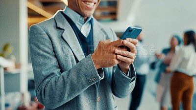Buy stock photo Happy, businessman and hands with phone for social media, online chatting or texting in office. Male person, employee or typing with smile on mobile smartphone for communication or app in workplace