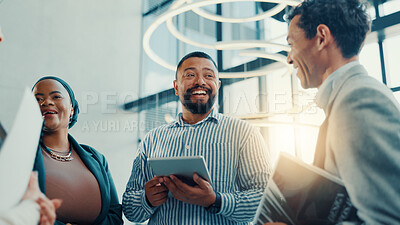 Buy stock photo Speaker, meeting and tablet with business man in lobby for conference, planning and workshop. Seminar, expo project and feedback with people in convention center for collaboration and low angle