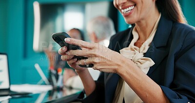 Buy stock photo Hands, corporate and woman with phone in office for financial report, reading email and proposal. Happy, female person and mobile app in meeting for schedule, budget update and feedback on investment