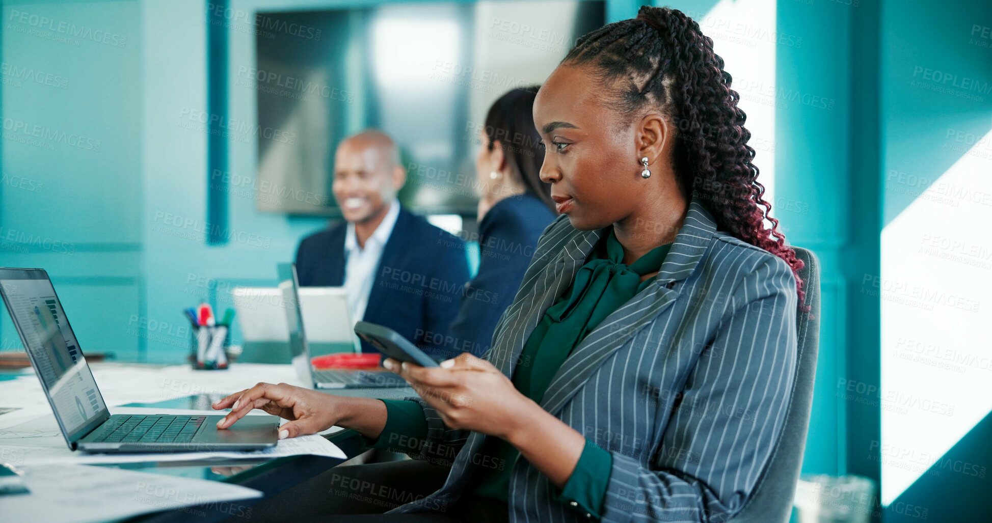 Buy stock photo Reading, coworking or businesswoman on laptop with phone, online research or economy website. Meeting, check or financial advisor in office with mobile app for text message, finance report or update