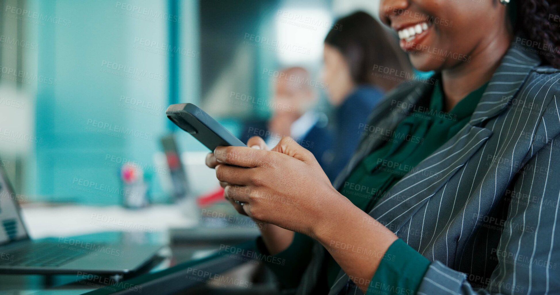 Buy stock photo Hands, business and woman with phone in office for communication, reading email and finance report. Smile,  person and mobile in meeting for social media, budget update and chat feedback for proposal