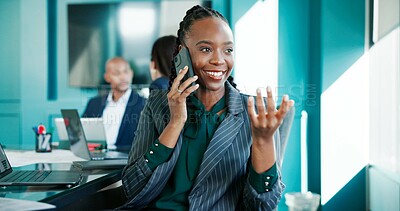 Buy stock photo Phone call, meeting and business woman with team for discussion, financial planning and contact. Corporate office, boardroom and person on smartphone for client communication, networking and feedback