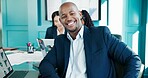 Portrait, employee and man in boardroom, smile and confident for financial growth in meeting or app. Happy, accountant and person with tech for data analysis, pride or ambition for career development