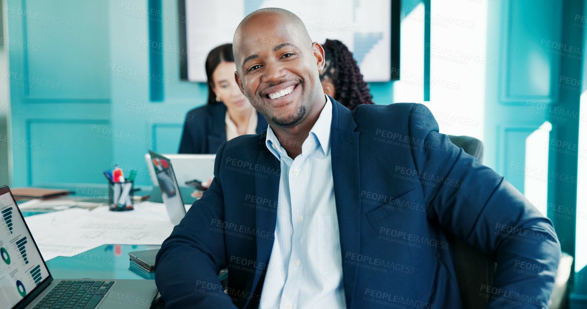 Buy stock photo Portrait, employee and man in boardroom, smile and confident for financial growth in meeting or app. Happy, accountant and person with tech for data analysis, pride or ambition for career development