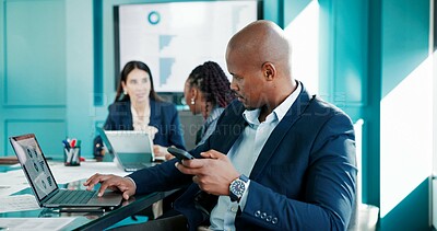Buy stock photo Data analysis, coworking or businessman on laptop with phone, charts research or economy website. Meeting, check or financial advisor in office with mobile for text, finance report or graphs update