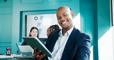 Buy stock photo Man, tablet and finance meeting at office in portrait, smile and career at accounting agency. Business people, employee or happy with tech for review, audit or pride in boardroom at corporate company