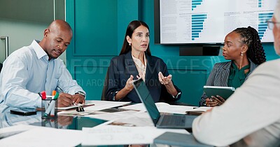 Buy stock photo Meeting, colleagues and discussion with paperwork in boardroom, data analysis and financial growth. Office, business analyst and people with report for performance, conversation and collaboration