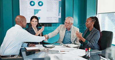Buy stock photo Applause, business people and handshake with CEO for investment, deal success and data partnership. Smile, team clapping and shaking hands in office with financial analyst for acquisition or merger