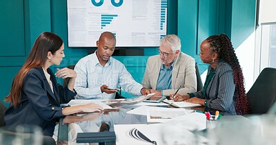 Buy stock photo Data analysis, colleagues and discussion with paperwork in boardroom, meeting and  financial growth. Office, business analyst and people with report for performance, conversation and collaboration