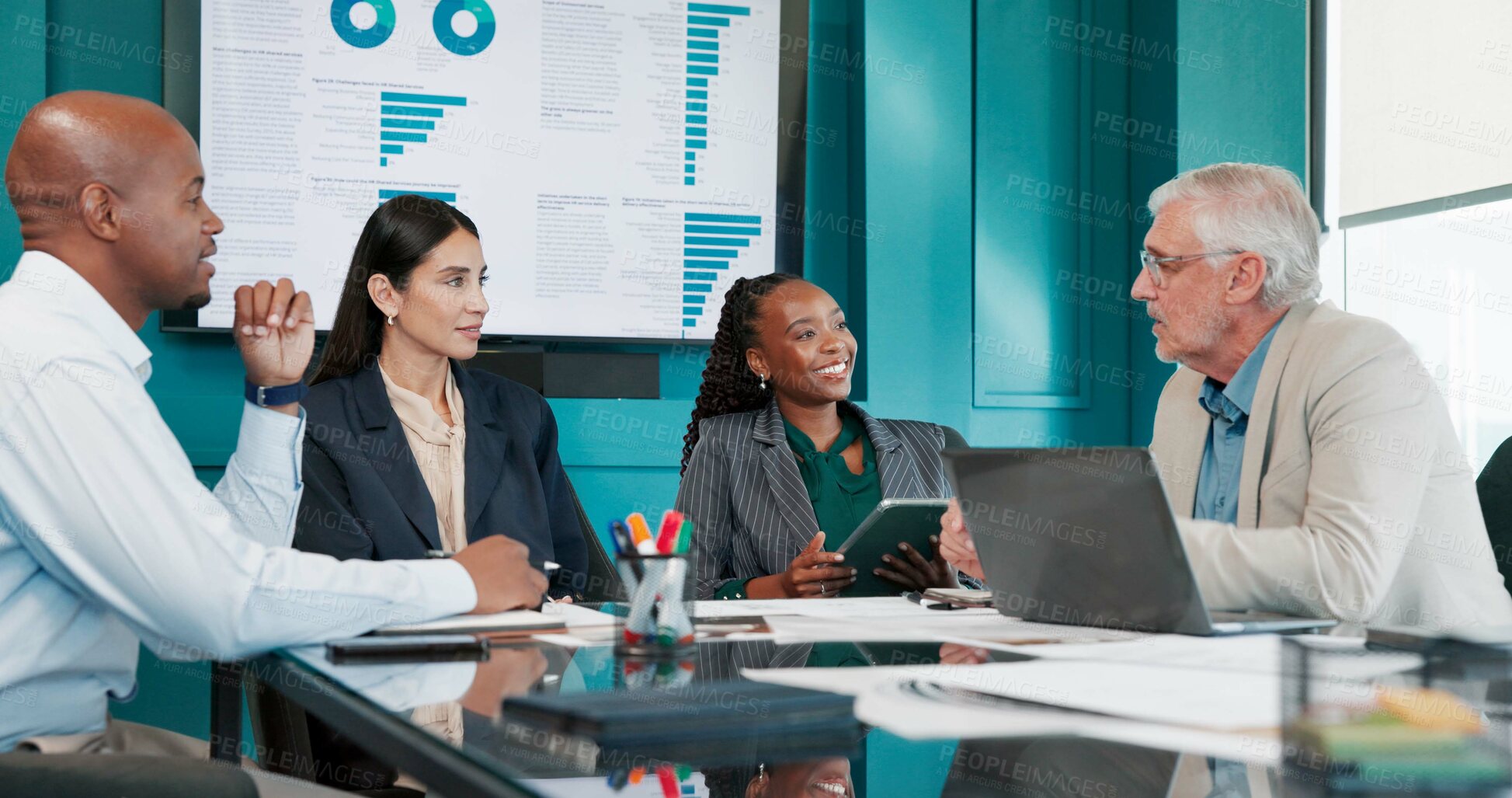 Buy stock photo Discussion, statistics and business people in office with paperwork for finance proposal in collaboration. Team, documents and manager with financial advisors for feedback on investment planning.