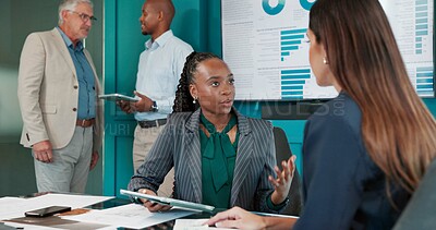 Buy stock photo Finance, meeting and tablet with business woman in office for investment, planning or trading. Accounting, collaboration and conversation with financial team in workplace for wealth management