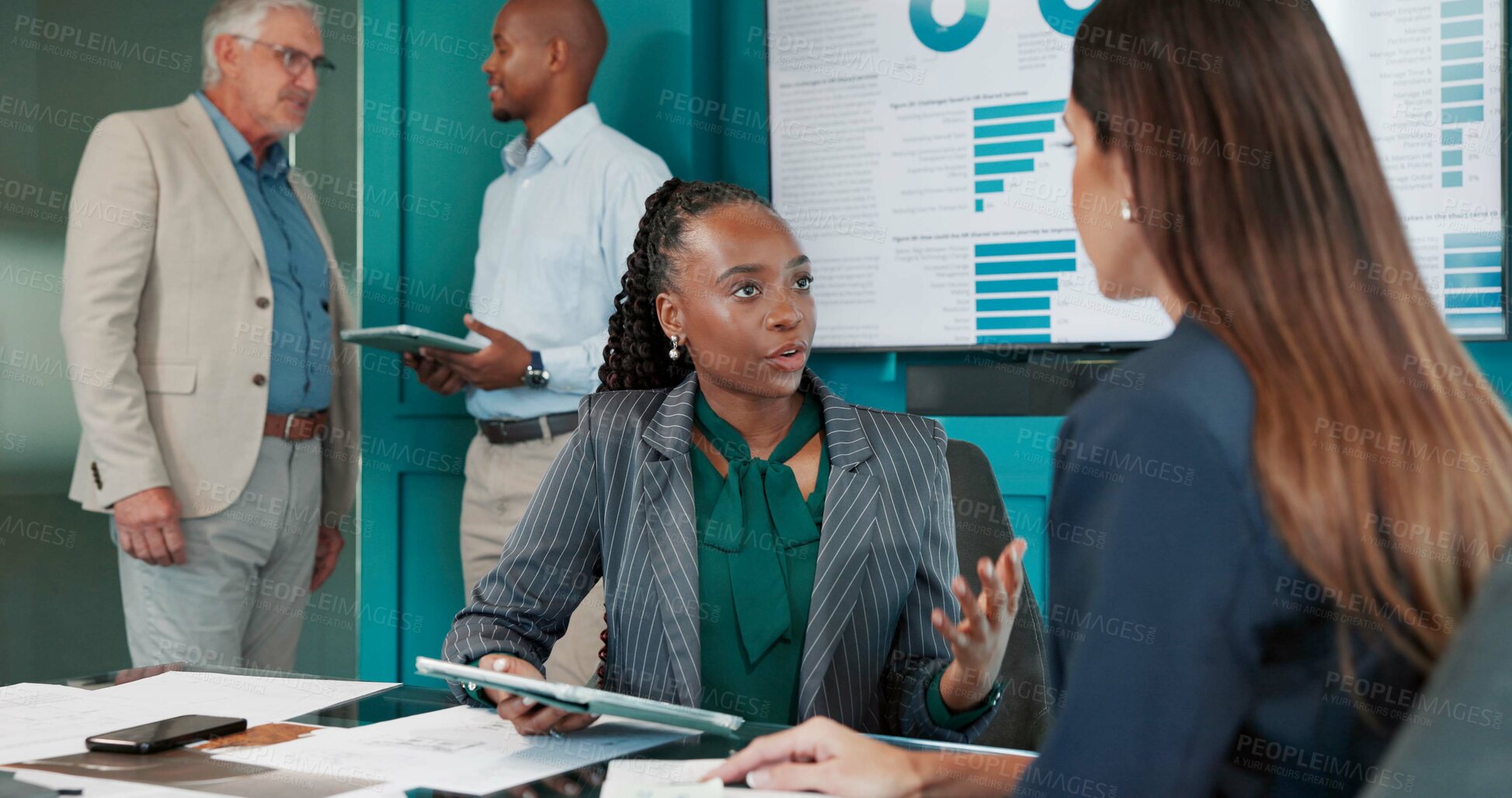 Buy stock photo Finance, meeting and tablet with business woman in office for investment, planning or trading. Accounting, collaboration and conversation with financial team in workplace for wealth management
