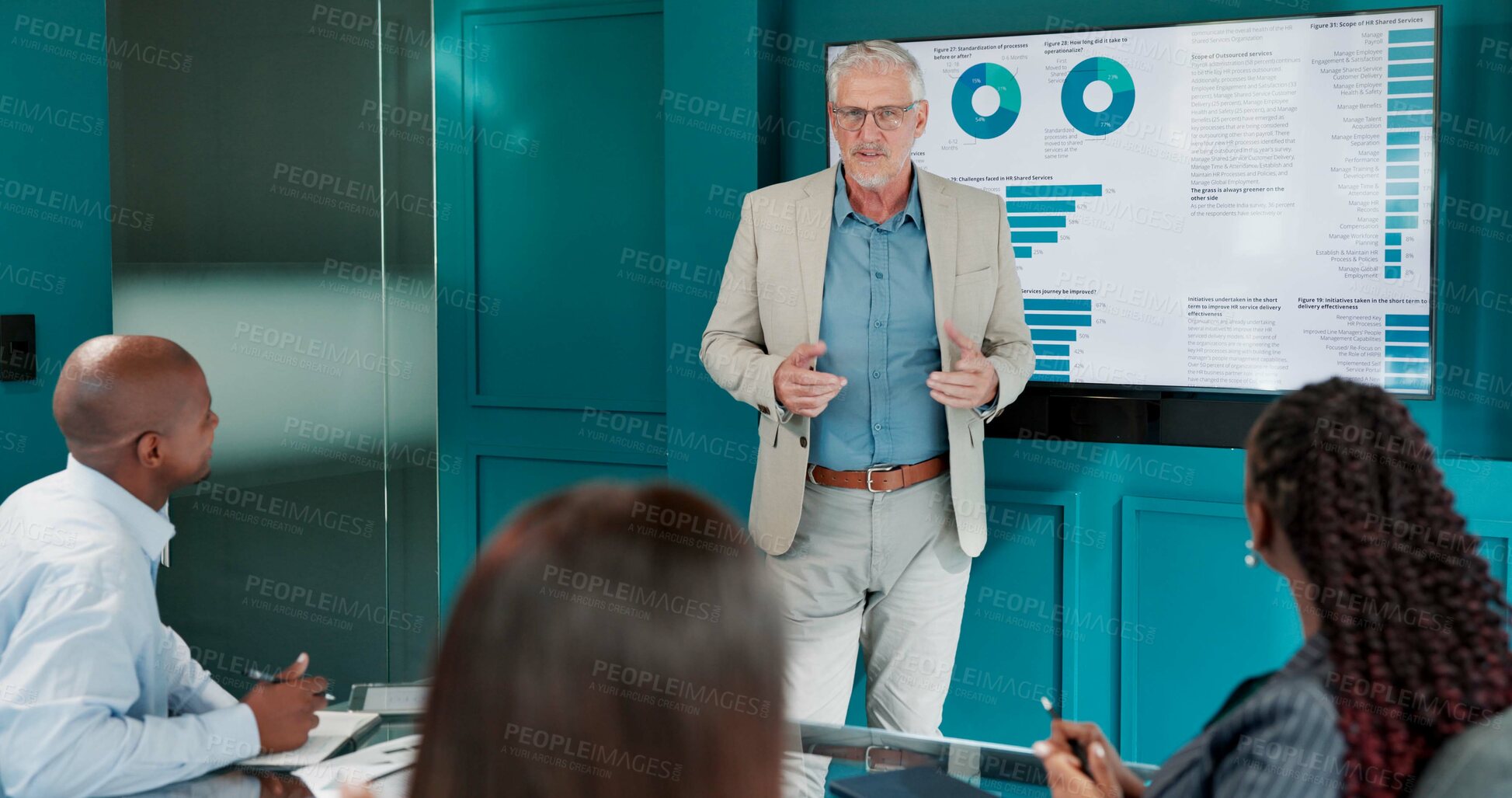 Buy stock photo Woman, presentation and screen at meeting with graphs, discussion or review at finance agency. People, speaker and operations manager by monitor for feedback, stats and talk for company efficiency