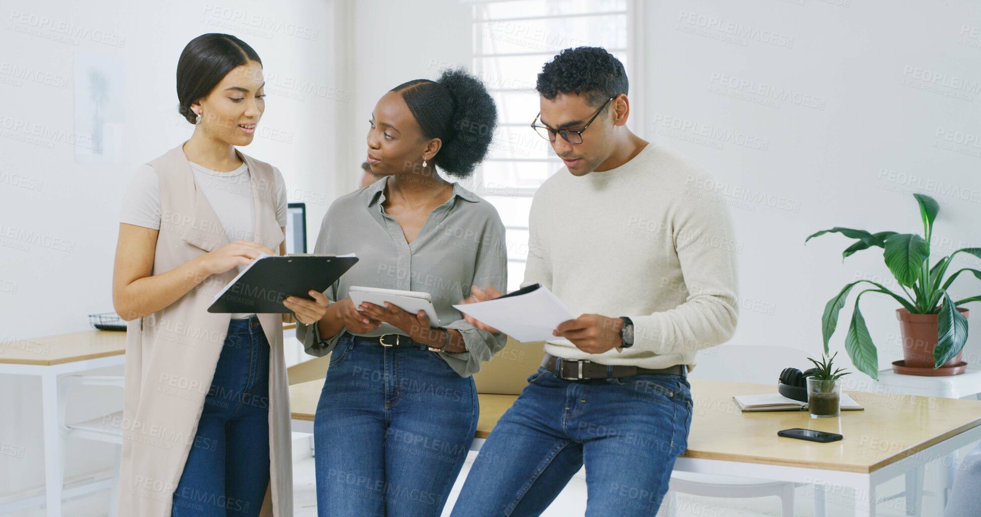 Buy stock photo Business, teamwork and people in office, planning and online magazine with feedback. Creative agency, brainstorming and employees with review, discussion and research for news report and cooperation