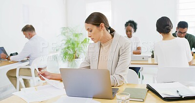 Buy stock photo Paperwork, office or businesswoman with laptop for copywriting, news or research project. Document, coworking or copywriter in creative startup for article post, email marketing and networking online