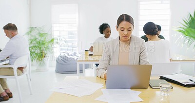 Buy stock photo Laptop, reading and research with business woman at desk in coworking office for online report. Computer, planning and typing with employee in workplace for administration, project update or review