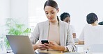 Update, office or businesswoman texting with phone for online feedback or message. Coworking, laptop or consultant checking mobile app for email notification, technology or news search in workplace